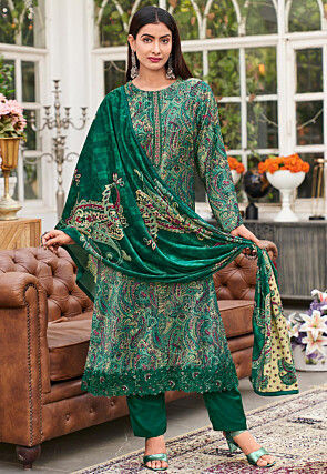 Digital Printed Velvet Pakistani Suit in Teal Green