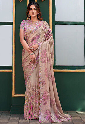 Digital Printed Velvet Saree in Beige