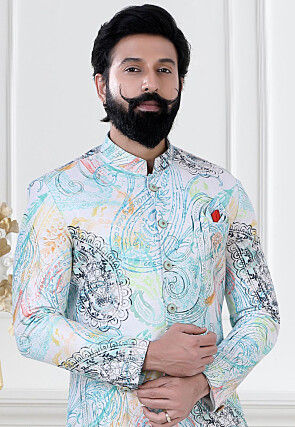 Digital Printed Velvet Sherwani in Multicolor