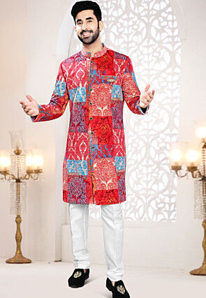 Digital Printed Velvet Sherwani in Red