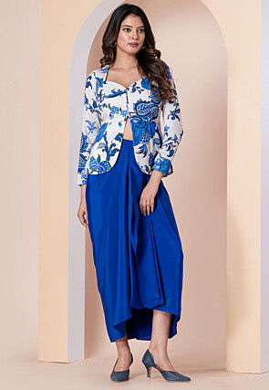 Digital Printed Velvet Top Set in White