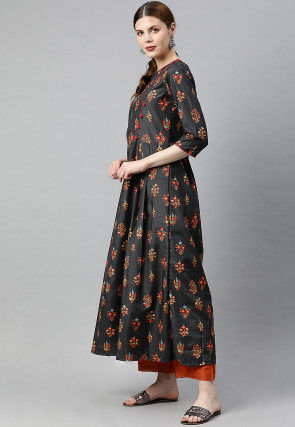 Digital Printed Viscose A Line Kurta in Black