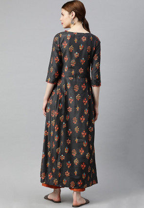 Digital Printed Viscose A Line Kurta in Black