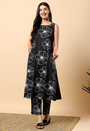 Digital Printed Viscose Cotton Co Ord Set in Black