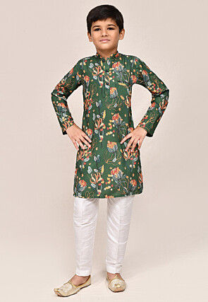 Digital Printed Viscose Cotton Kurta Set in Green