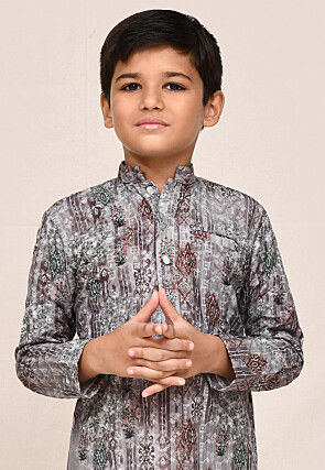 Digital Printed Viscose Cotton Kurta Set in Grey