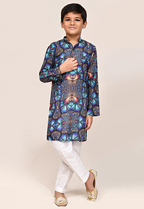 Digital Printed Viscose Cotton Kurta Set in Navy Blue