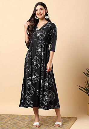 Digital Printed Viscose Cotton Midi Dress in Black