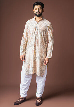 Digital Printed Viscose Cotton Short Kurta Set in Beige