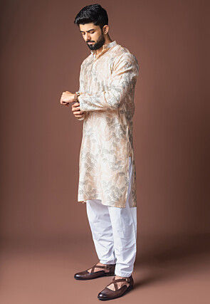 Digital Printed Viscose Cotton Short Kurta Set in Beige