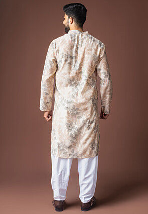Digital Printed Viscose Cotton Short Kurta Set in Beige