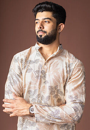 Digital Printed Viscose Cotton Short Kurta Set in Beige