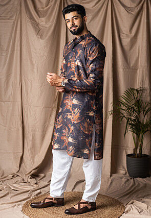 Digital Printed Viscose Cotton Short Kurta Set in Black