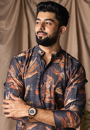 Digital Printed Viscose Cotton Short Kurta Set in Black