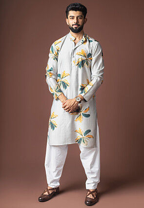 Digital Printed Viscose Cotton Short Kurta Set in Grey