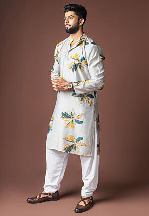 Digital Printed Viscose Cotton Short Kurta Set in Grey