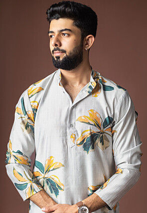 Digital Printed Viscose Cotton Short Kurta Set in Grey