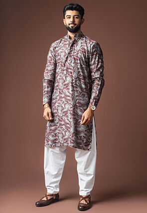 Digital Printed Viscose Cotton Short Kurta Set in Grey