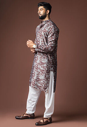 Digital Printed Viscose Cotton Short Kurta Set in Grey