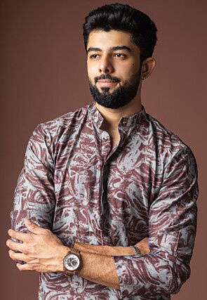 Digital Printed Viscose Cotton Short Kurta Set in Grey
