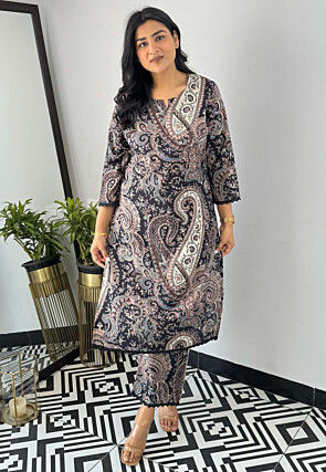 Digital Printed Viscose Cotton Straight Kurta Set in Black