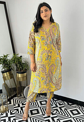 Digital Printed Viscose Cotton Straight Kurta Set in Yellow
