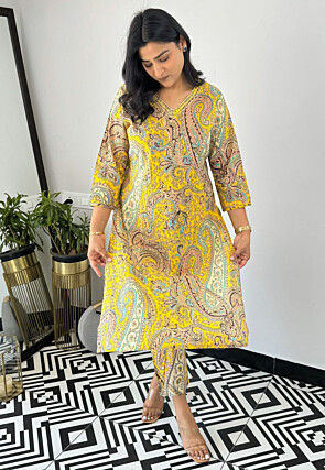 Digital Printed Viscose Cotton Straight Kurta Set in Yellow
