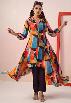 Digital Printed Viscose Crepe Asymmetric Kurta Set in Multicolor
