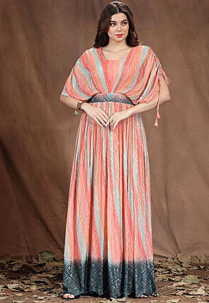 Digital Printed Viscose Georgette Flared Dress in Multicolor