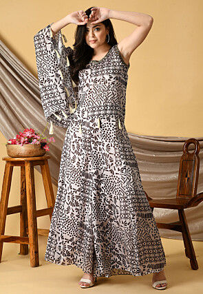 Digital Printed Viscose Georgette Layered Jumpsuit in Off White