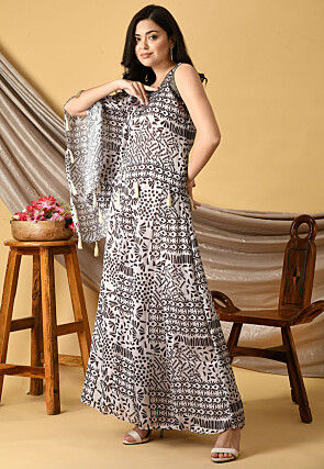 Digital Printed Viscose Georgette Layered Jumpsuit in Off White