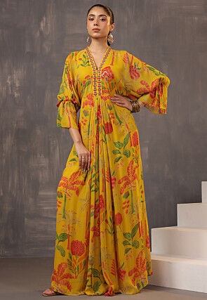 Digital Printed Viscose Georgette Maxi Dress in Mustard