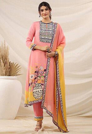Digital Printed Viscose Georgette Pakistani Suit in Peach