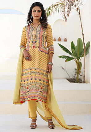 Digital Printed Viscose Georgette Pakistani Suit in Yellow