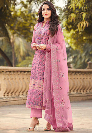 Digital Printed Viscose Jacquard Pakistani Suit in Pink