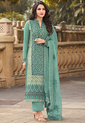 Digital Printed Viscose Jacquard Pakistani Suit in Turquoise
