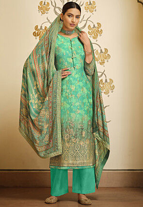 Digital Printed Viscose Jacquard Silk Pakistani Suit in Sea Green