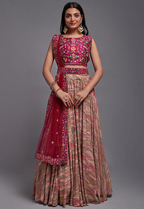 Digital Printed Viscose Lehenga in Peach and Multicolor
