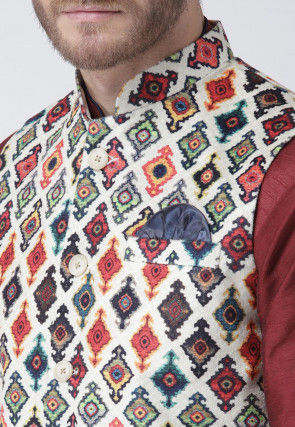 Digital Printed Viscose Nehru Jacket in White