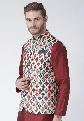 Digital Printed Viscose Nehru Jacket in White