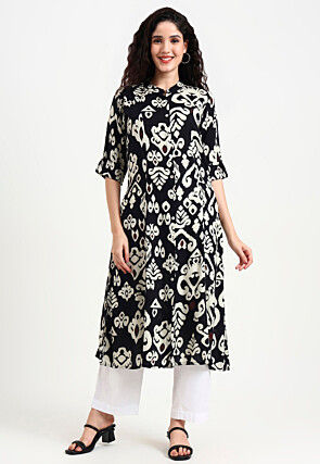 Digital Printed Viscose Rayon A Line Kurta in Black