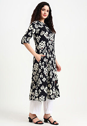 Digital Printed Viscose Rayon A Line Kurta in Black