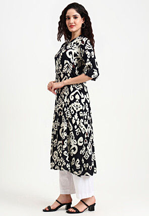 Digital Printed Viscose Rayon A Line Kurta in Black