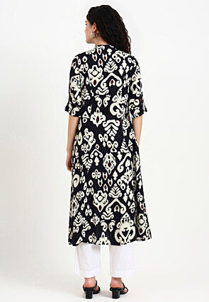 Digital Printed Viscose Rayon A Line Kurta in Black