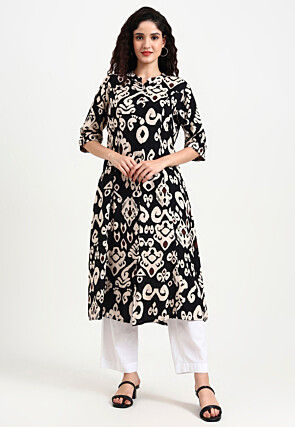 Digital Printed Viscose Rayon A Line Kurta in Black