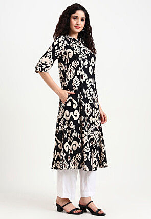 Digital Printed Viscose Rayon A Line Kurta in Black