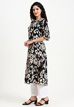 Digital Printed Viscose Rayon A Line Kurta in Black