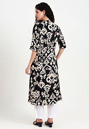 Digital Printed Viscose Rayon A Line Kurta in Black