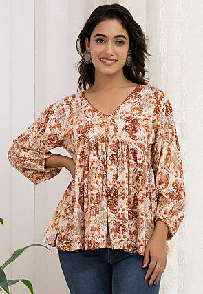 Digital Printed Viscose Rayon A Line Kurti in Cream