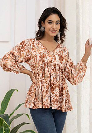 Digital Printed Viscose Rayon A Line Kurti in Cream